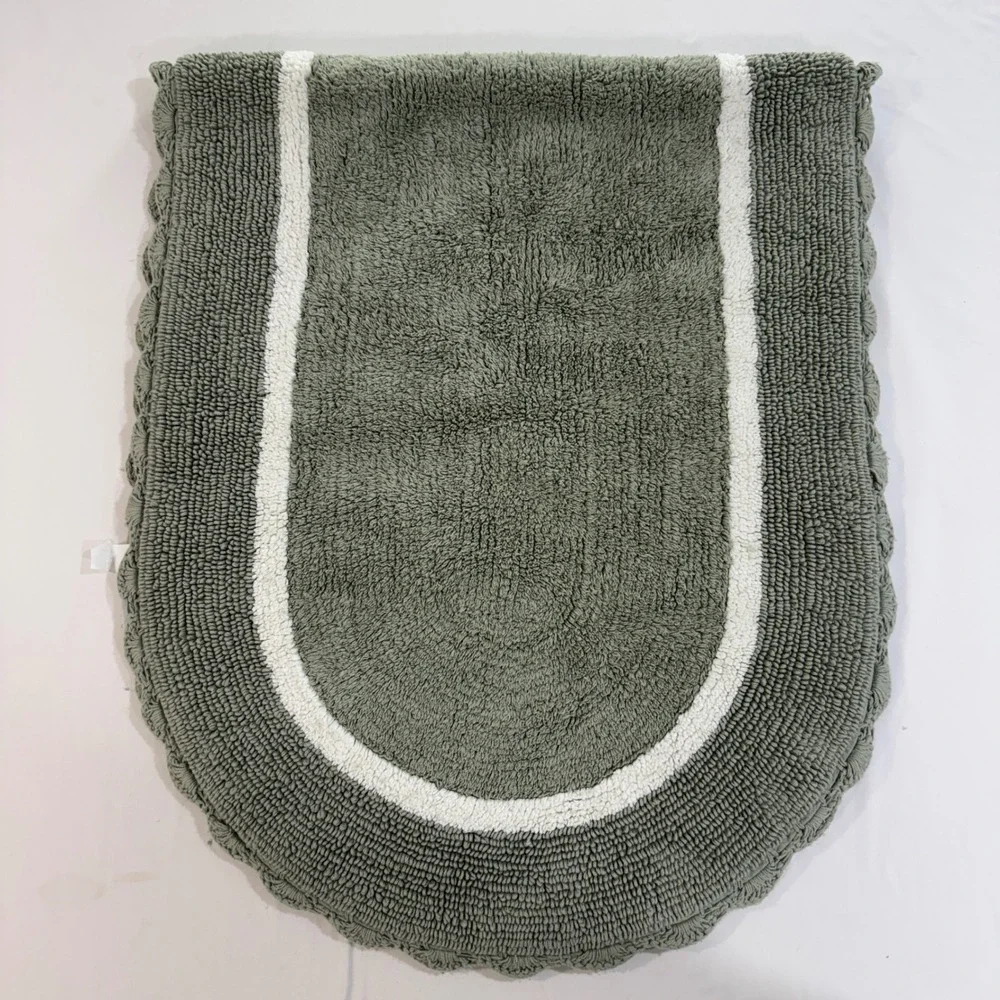 Shabby Chic Sage Green Cotton Bath Runner Rug 63x26 Scalloped Tufted Oval Border